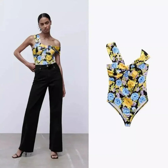 Zara multicolor Floral Asymmetrical Bodysuit Front Knot Ruched size M - Picture 3 of 7